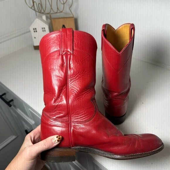 Justin Vintage Cherry Red Leather Western Boots Women's 6.5B Cowboy Boots USA - Picture 7 of 9